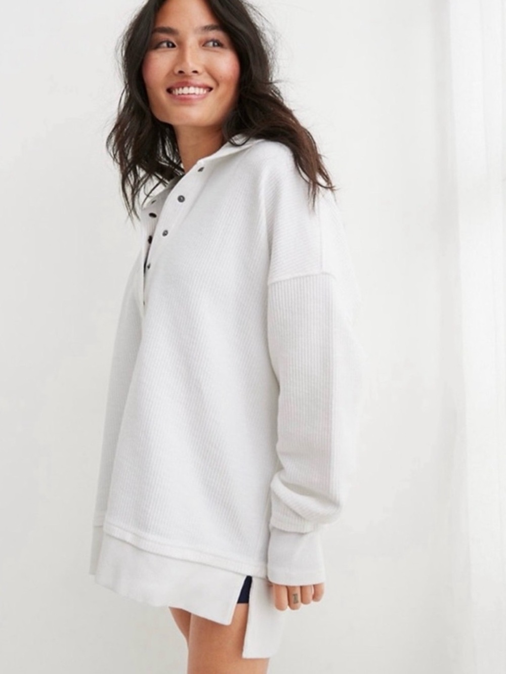 Aerie Textured Henley Hoodie in White, Size L